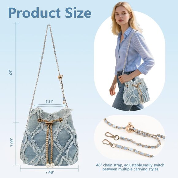 Compact Y2K Women’s Denim Bucket Bag - Chic & Lightweight Perfect for Outings - Picture 5 of 7